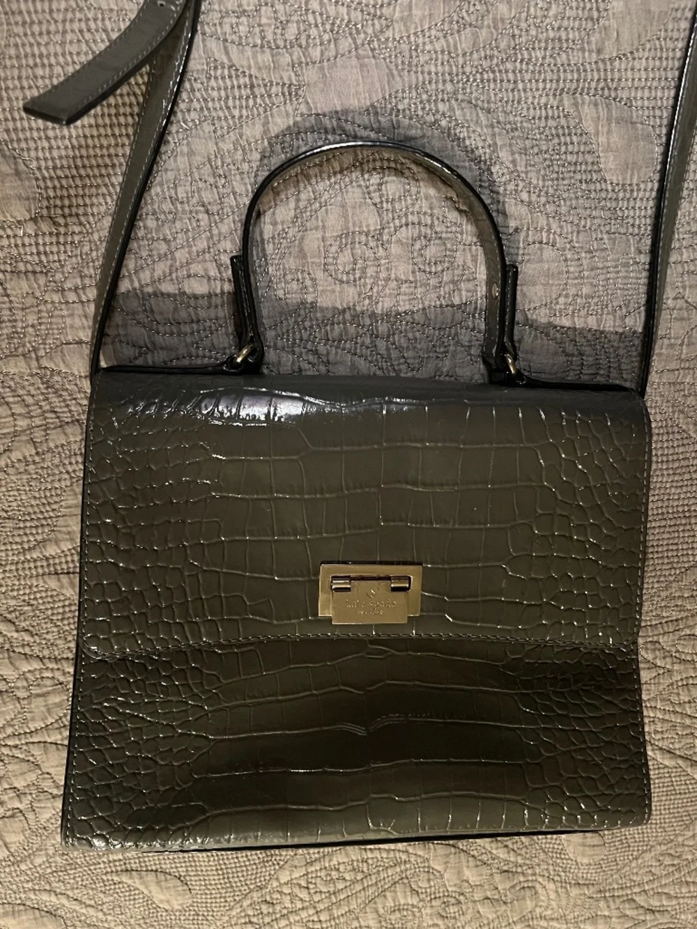 Kate Spade Doris Croc Embossed Dark Gray Patent Structured Tote Bag w/ 2 Handles